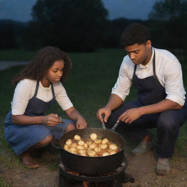 A dusky 22-year-old boy cooking potatoes in a casserole over a charcoal fire for a voluptuous dusky 20-year-old girl in a nighttime setting