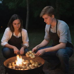 A dusky 22-year-old boy cooking potatoes in a casserole over a charcoal fire for a voluptuous dusky 20-year-old girl in a nighttime setting