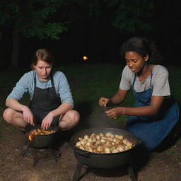 A dusky 22-year-old boy cooking potatoes in a casserole over a charcoal fire for a voluptuous dusky 20-year-old girl in a nighttime setting