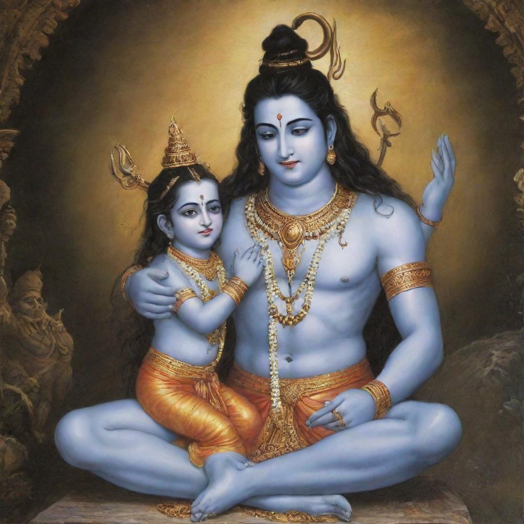 Lord Bholenath (Shiva), depicted in a divine and merciful pose, bestowing blessings upon a weeping boy.