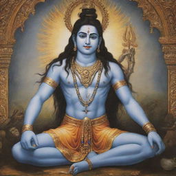 Lord Bholenath (Shiva), depicted in a divine and merciful pose, bestowing blessings upon a weeping boy.