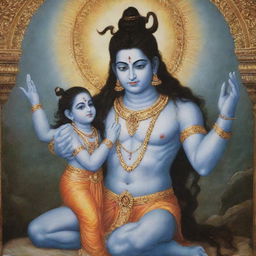 Lord Bholenath (Shiva), depicted in a divine and merciful pose, bestowing blessings upon a weeping boy.