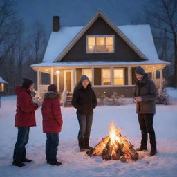 A joyful family gathered around a crackling bonfire on a clear, chilly winter night. Behind them, a beautiful house warmly aglow stands as a serene backdrop.