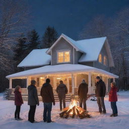 A joyful family gathered around a crackling bonfire on a clear, chilly winter night. Behind them, a beautiful house warmly aglow stands as a serene backdrop.