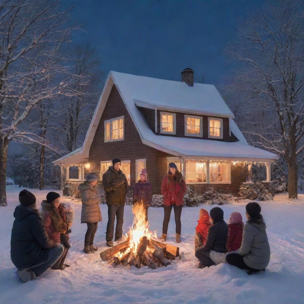 A joyful family gathered around a crackling bonfire on a clear, chilly winter night. Behind them, a beautiful house warmly aglow stands as a serene backdrop.