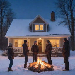 A joyful family gathered around a crackling bonfire on a clear, chilly winter night. Behind them, a beautiful house warmly aglow stands as a serene backdrop.