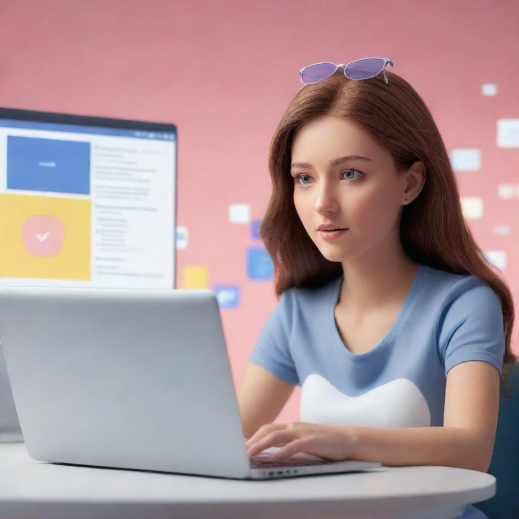 Create a 3D animated illustration of a girl focused on her MacBook. In the background, a vibrant depiction of an active Facebook news feed.