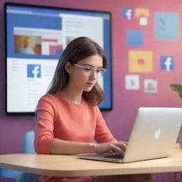 Create a 3D animated illustration of a girl focused on her MacBook. In the background, a vibrant depiction of an active Facebook news feed.