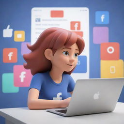 Create a 3D animated illustration of a girl focused on her MacBook. In the background, a vibrant depiction of an active Facebook news feed.