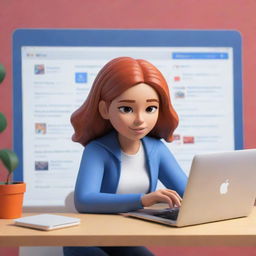 Create a 3D animated illustration of a girl focused on her MacBook. In the background, a vibrant depiction of an active Facebook news feed.