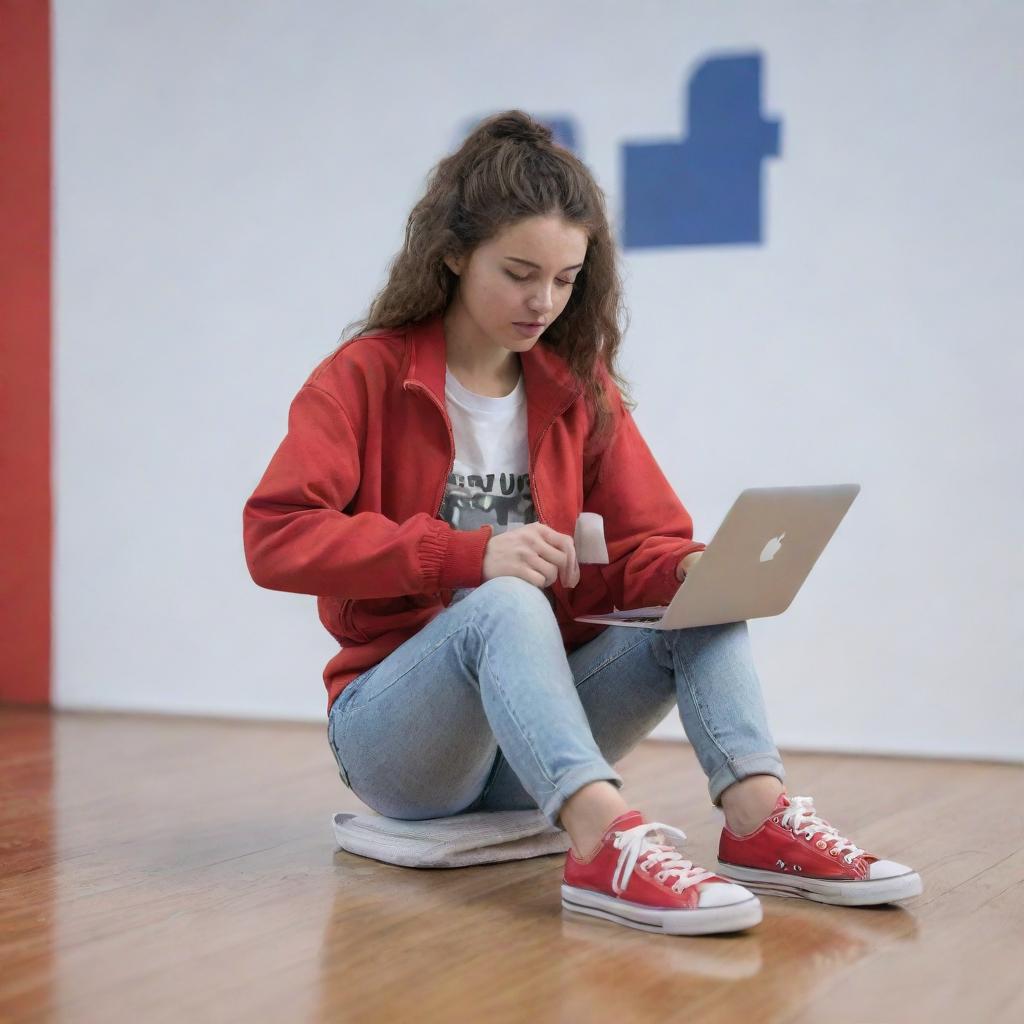 Create a 3D animated art of a girl sitting on the floor, engrossed in her MacBook. She's wearing a red jacket and sneakers, holding a cup in one hand, the other engaged with her laptop. The background features a dynamic Facebook news feed.