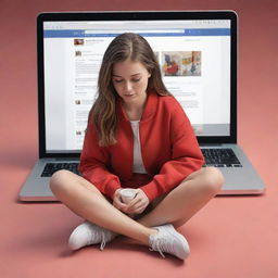 Create a 3D animated art of a girl sitting on the floor, engrossed in her MacBook. She's wearing a red jacket and sneakers, holding a cup in one hand, the other engaged with her laptop. The background features a dynamic Facebook news feed.