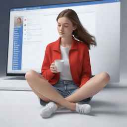 Create a 3D animated art of a girl sitting on the floor, engrossed in her MacBook. She's wearing a red jacket and sneakers, holding a cup in one hand, the other engaged with her laptop. The background features a dynamic Facebook news feed.