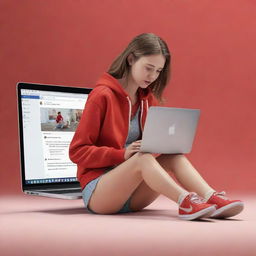 Create a 3D animated art of a girl sitting on the floor, engrossed in her MacBook. She's wearing a red jacket and sneakers, holding a cup in one hand, the other engaged with her laptop. The background features a dynamic Facebook news feed.