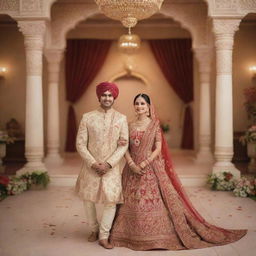 Create a 3D animated art of a grand Indian wedding scene, with the groom and bride in traditional attire, joyously celebrating their occasion in a beautifully decorated venue.