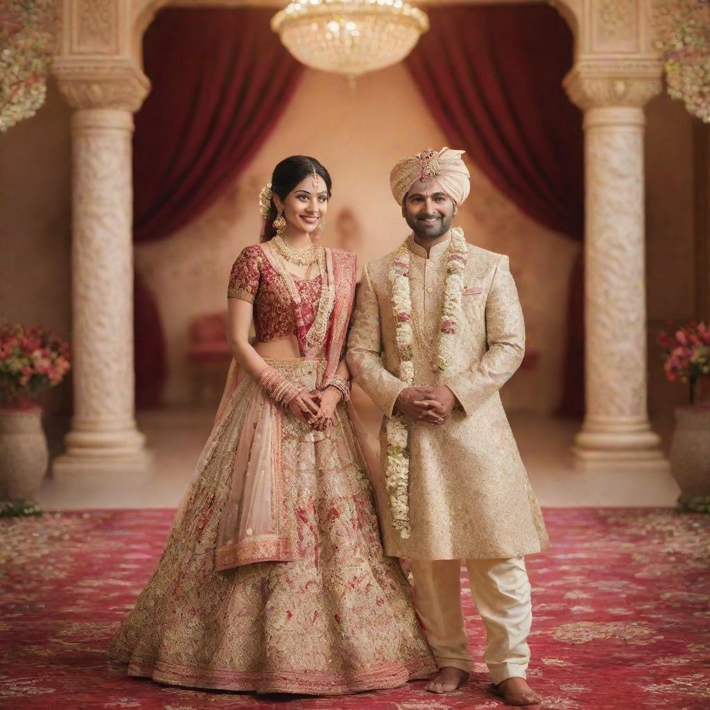 Create a 3D animated art of a grand Indian wedding scene, with the groom and bride in traditional attire, joyously celebrating their occasion in a beautifully decorated venue.