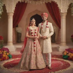 Create a 3D animated art of a grand Indian wedding scene, with the groom and bride in traditional attire, joyously celebrating their occasion in a beautifully decorated venue.