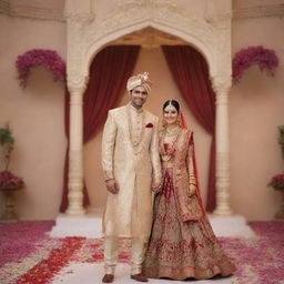 Create a 3D animated art of a grand Indian wedding scene, with the groom and bride in traditional attire, joyously celebrating their occasion in a beautifully decorated venue.