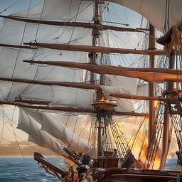 Enhance the 18th century frigate to sport intricate details: weather-beaten wood, the intricate knot work in the rigging, billowing canvases of the sails, and the realistic glow of cannon fire illuminating the faces of the determined crew.