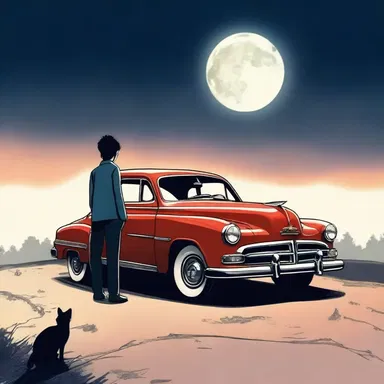 In the moonlight, he leaned against the car, gazing into her eyes reflected in the soft glow of the tail lamp.