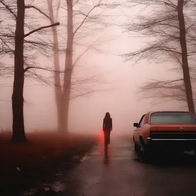 As the eerie red glow of the tail lamp faded into the fog, she felt a chilling presence creeping up behind her.