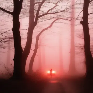 As the eerie red glow of the tail lamp faded into the fog, she felt a chilling presence creeping up behind her.