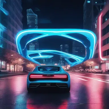In a futuristic dystopian world, the tail lamps on the flying cars emitted a neon blue light, creating a mesmerizing trail as they zoomed through the night sky.