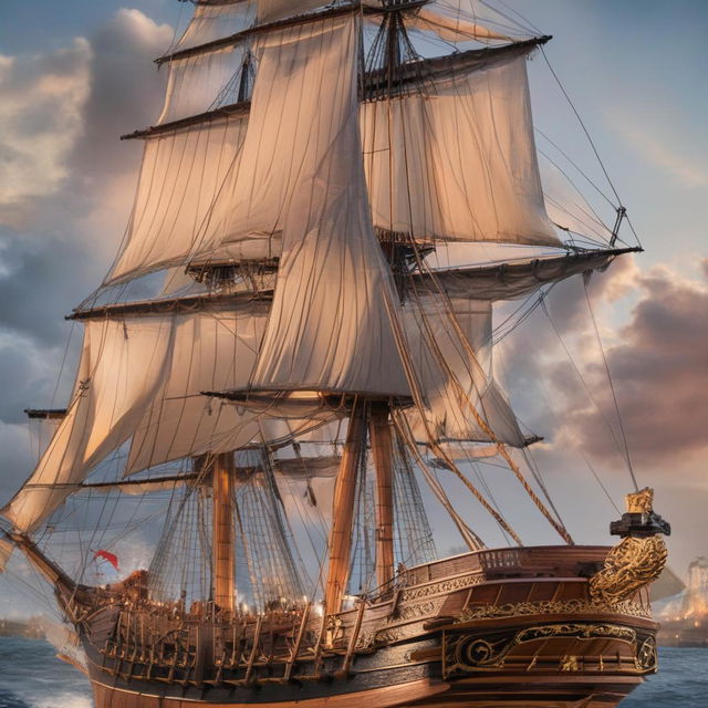 Enhance the 18th century frigate to sport intricate details: weather-beaten wood, the intricate knot work in the rigging, billowing canvases of the sails, and the realistic glow of cannon fire illuminating the faces of the determined crew.