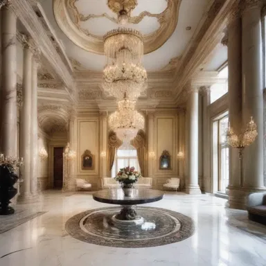 The self-satisfied mansion boasted extravagant chandeliers and marble floors.