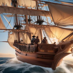 Enhance the 18th century frigate to sport intricate details: weather-beaten wood, the intricate knot work in the rigging, billowing canvases of the sails, and the realistic glow of cannon fire illuminating the faces of the determined crew.