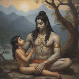 A compassionate scene depicting Mahadev, a deity known for his tranquil demeanor, extending a comforting hand toward a crying boy, infusing the setting with divine solace and sympathy.