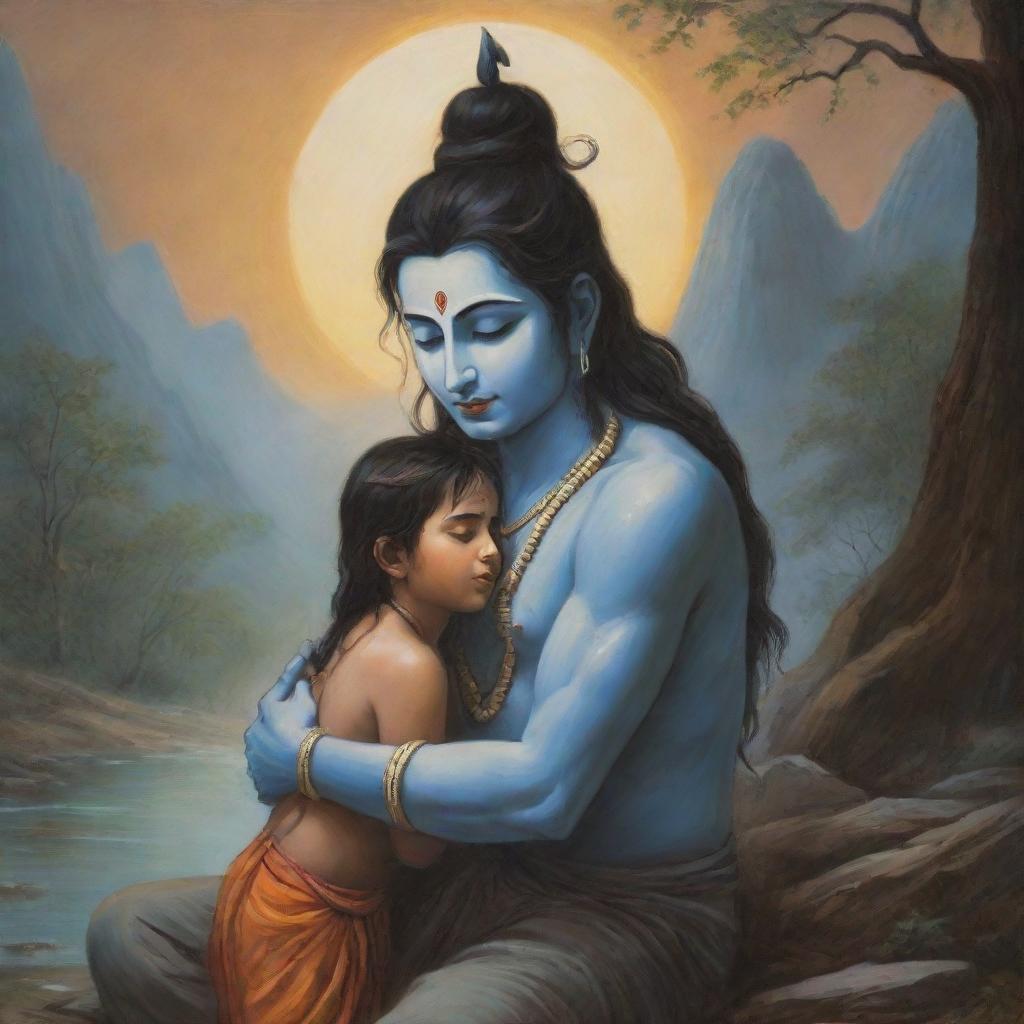 A compassionate scene depicting Mahadev, a deity known for his tranquil demeanor, extending a comforting hand toward a crying boy, infusing the setting with divine solace and sympathy.