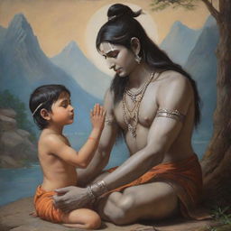 A compassionate scene depicting Mahadev, a deity known for his tranquil demeanor, extending a comforting hand toward a crying boy, infusing the setting with divine solace and sympathy.