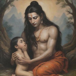 A compassionate scene depicting Mahadev, a deity known for his tranquil demeanor, extending a comforting hand toward a crying boy, infusing the setting with divine solace and sympathy.