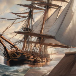 Enhance the 18th century frigate to sport intricate details: weather-beaten wood, the intricate knot work in the rigging, billowing canvases of the sails, and the realistic glow of cannon fire illuminating the faces of the determined crew.