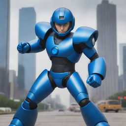 Create a photorealistic image of Megaman in live-action. He should be in his classic blue armor, with an energy cannon ready. The background should reflect a futuristic city in midst of action