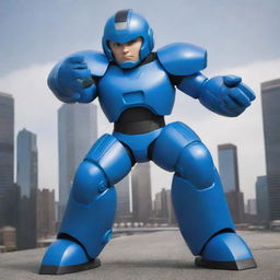 Create a photorealistic image of Megaman in live-action. He should be in his classic blue armor, with an energy cannon ready. The background should reflect a futuristic city in midst of action