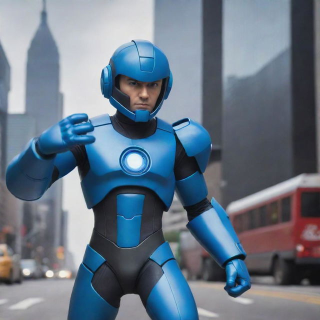 Create a photorealistic image of Megaman in live-action. He should be in his classic blue armor, with an energy cannon ready. The background should reflect a futuristic city in midst of action