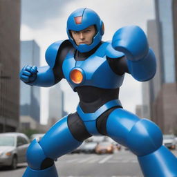 Create a photorealistic image of Megaman in live-action. He should be in his classic blue armor, with an energy cannon ready. The background should reflect a futuristic city in midst of action