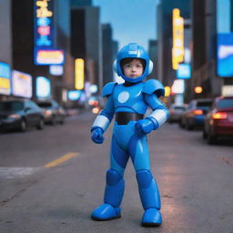 A child dressed in a '90s live-action Mega Man costume. The scene is reminiscent of a '90s movie, with neon lights, vintage cars, and a cityscape in the background.