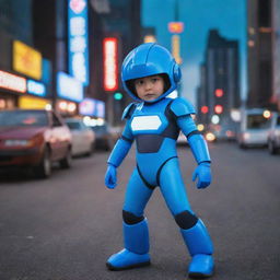 A child dressed in a '90s live-action Mega Man costume. The scene is reminiscent of a '90s movie, with neon lights, vintage cars, and a cityscape in the background.