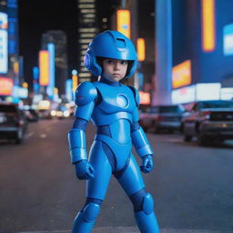 A child dressed in a '90s live-action Mega Man costume. The scene is reminiscent of a '90s movie, with neon lights, vintage cars, and a cityscape in the background.