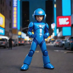 A child dressed in a '90s live-action Mega Man costume. The scene is reminiscent of a '90s movie, with neon lights, vintage cars, and a cityscape in the background.