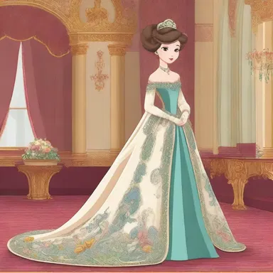 In the cartoon, the princess's gown was depicted with a brocade fabric, highlighting her royal status.