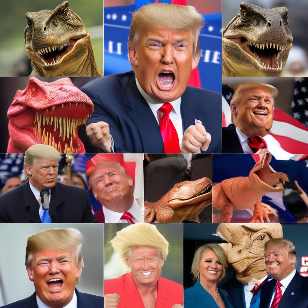 A compilation of popular Donald Trump memes. Trump with strange hairstyles, making exaggerated expressions, or inserted into unexpected scenarios such as riding a T-Rex or dancing the Macarena. A humorous representation of pop culture politics.