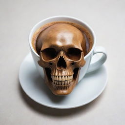 A detailed skull artfully formed from coffee inside a coffee cup. The shape of the skull is perfectly defined by the dark espresso tones of the coffee contrasted against the white ceramic background of the cup.