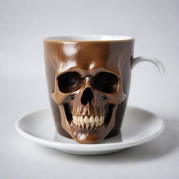 A detailed skull artfully formed from coffee inside a coffee cup. The shape of the skull is perfectly defined by the dark espresso tones of the coffee contrasted against the white ceramic background of the cup.