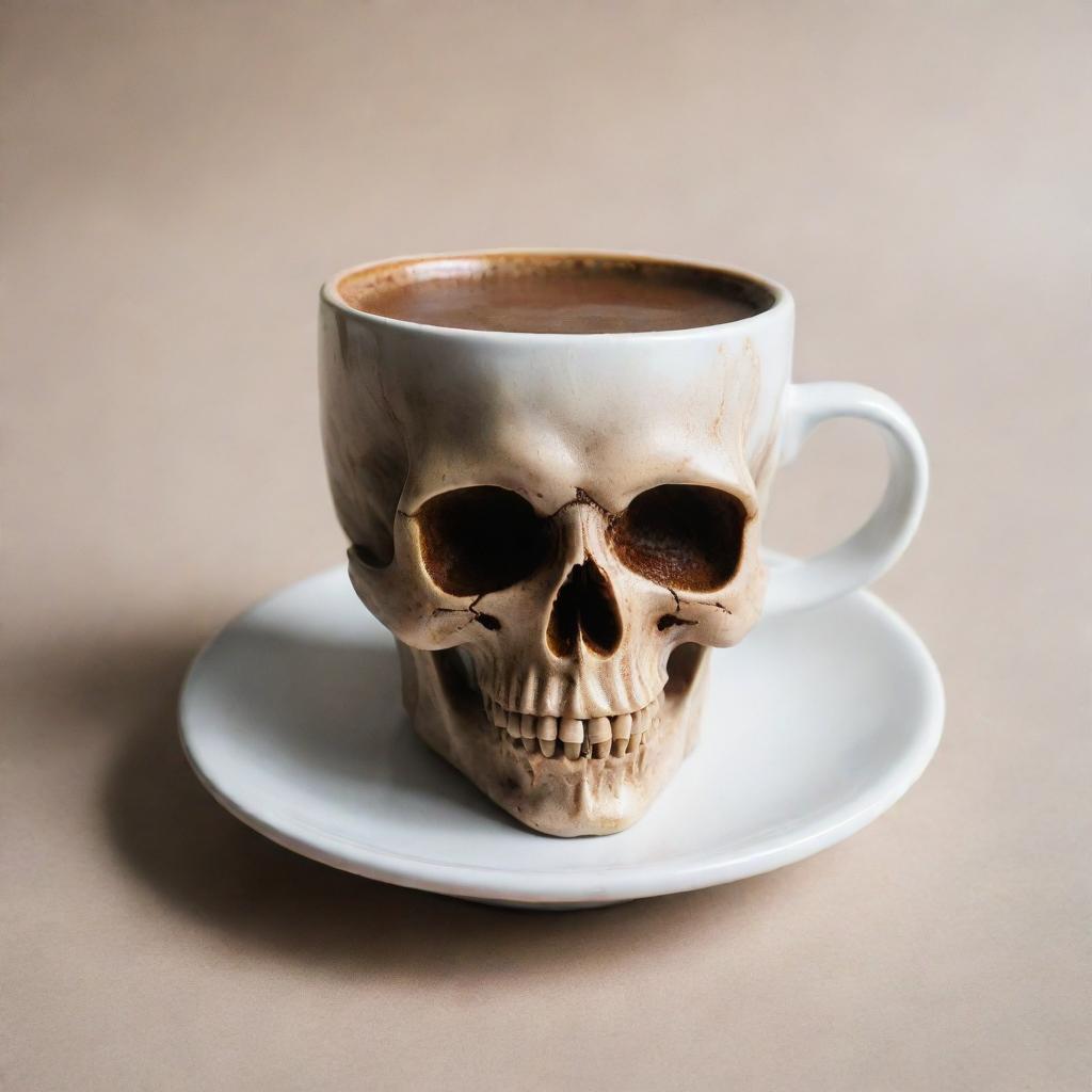 A detailed skull artfully formed from coffee inside a coffee cup. The shape of the skull is perfectly defined by the dark espresso tones of the coffee contrasted against the white ceramic background of the cup.