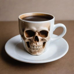 A detailed skull artfully formed from coffee inside a coffee cup. The shape of the skull is perfectly defined by the dark espresso tones of the coffee contrasted against the white ceramic background of the cup.