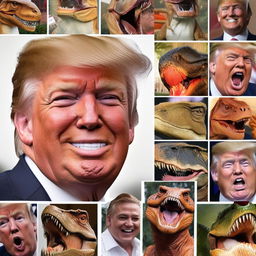 A compilation of popular Donald Trump memes. Trump with strange hairstyles, making exaggerated expressions, or inserted into unexpected scenarios such as riding a T-Rex or dancing the Macarena. A humorous representation of pop culture politics.